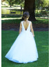 White Satin Tulle V Back Flower Girl Dress